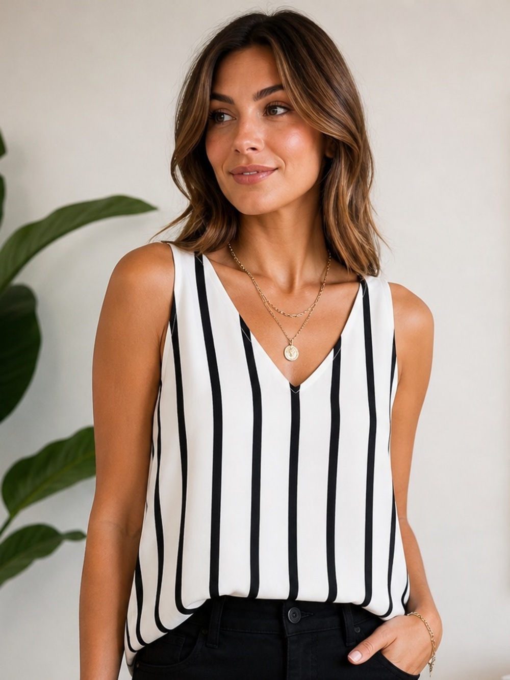 Express Black&White Striped Sleeveless Blouse V-Neck Crisscross Back Lightweight